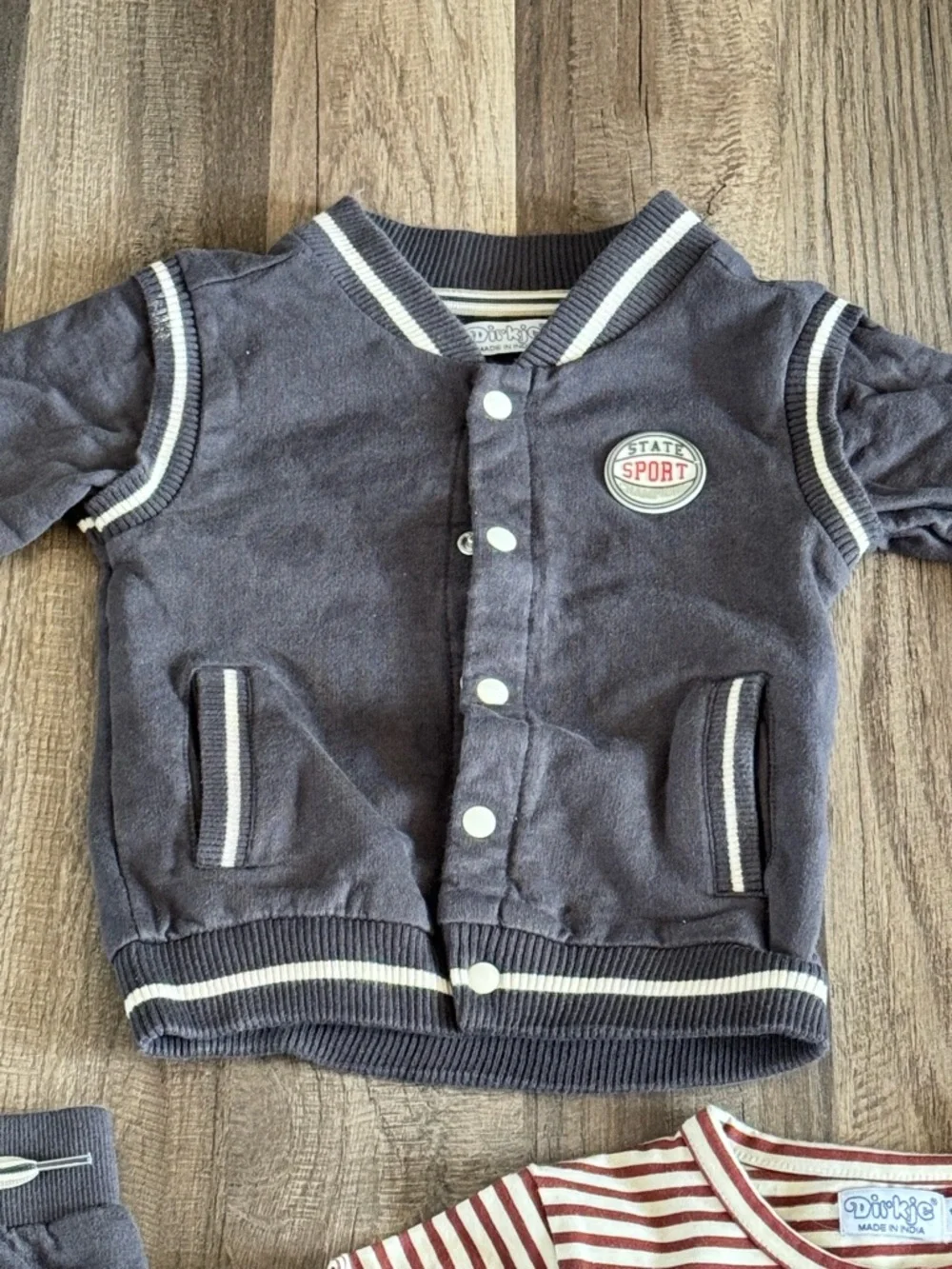 Kids Navy Varsity Jacket & Joggers with Striped Tee - Picture 2 of 5